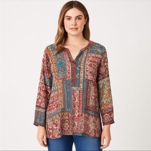 J. Jill Womens Size M Long Sleeve Patchwork Eclectic Tunic Blouse Top Multi